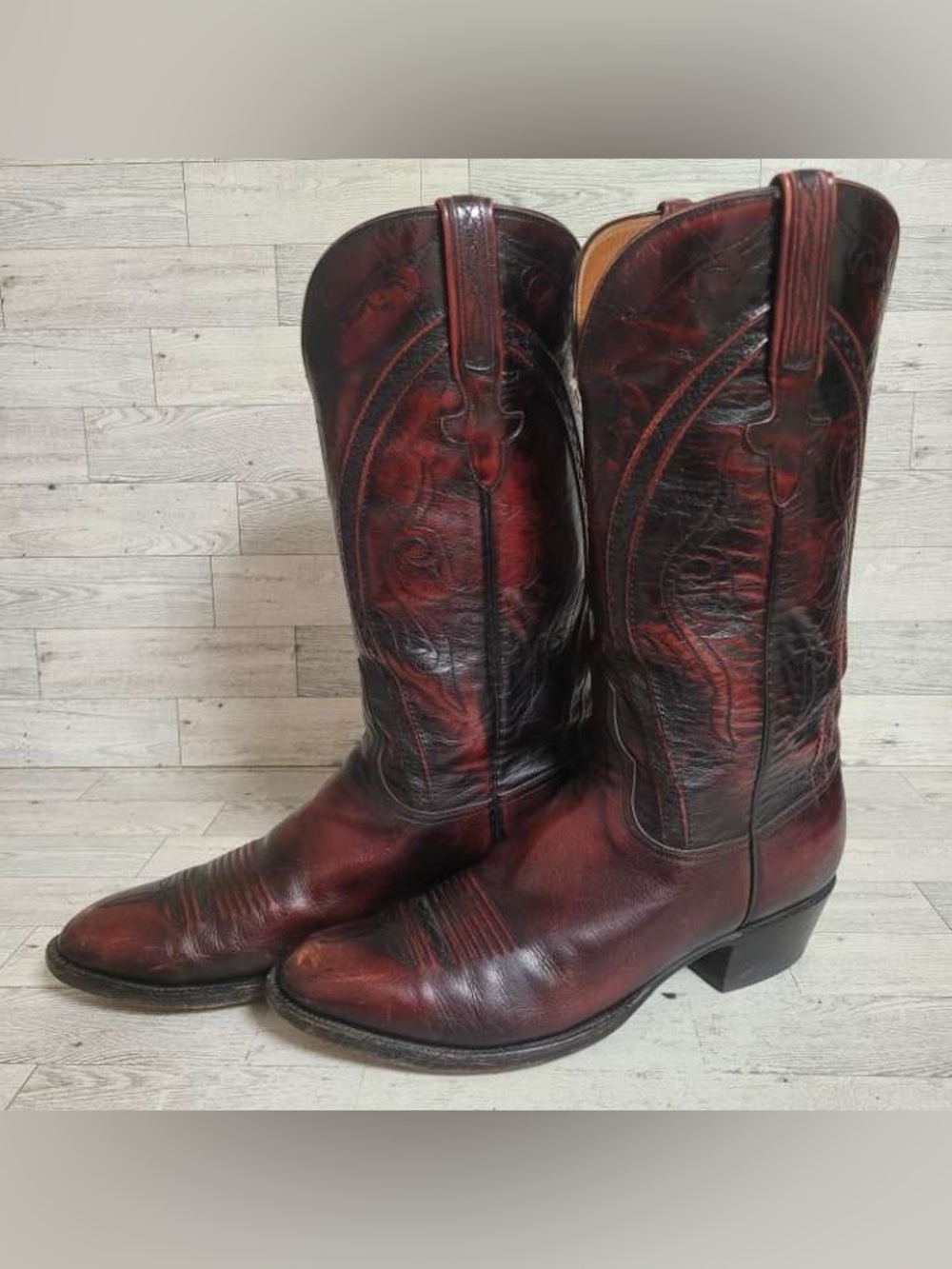 Men's Lucchese Classics Black Cherry Leather Vintage Cowboy Boots Size 9.5 D
